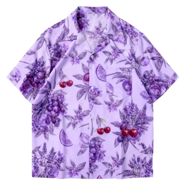 Lavender Grape & Cherry Floral Print Camp Collar Shirt | Elegant Summer Blouse
